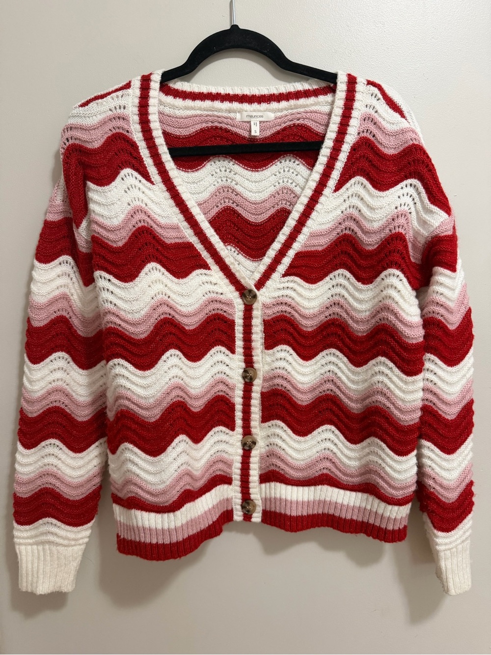 Maurices Wavy Striped Knit Cardigan Sweater Red Pink White Small